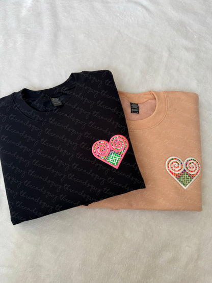 Paj Ntaub Mos Embroidery Qwj Heart CUSTOMIZATION Crewneck/Hoodie (PRE-ORDER)