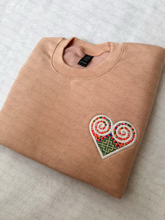 Paj Ntaub Mos Embroidery Qwj Heart CUSTOMIZATION Crewneck/Hoodie (PRE-ORDER)